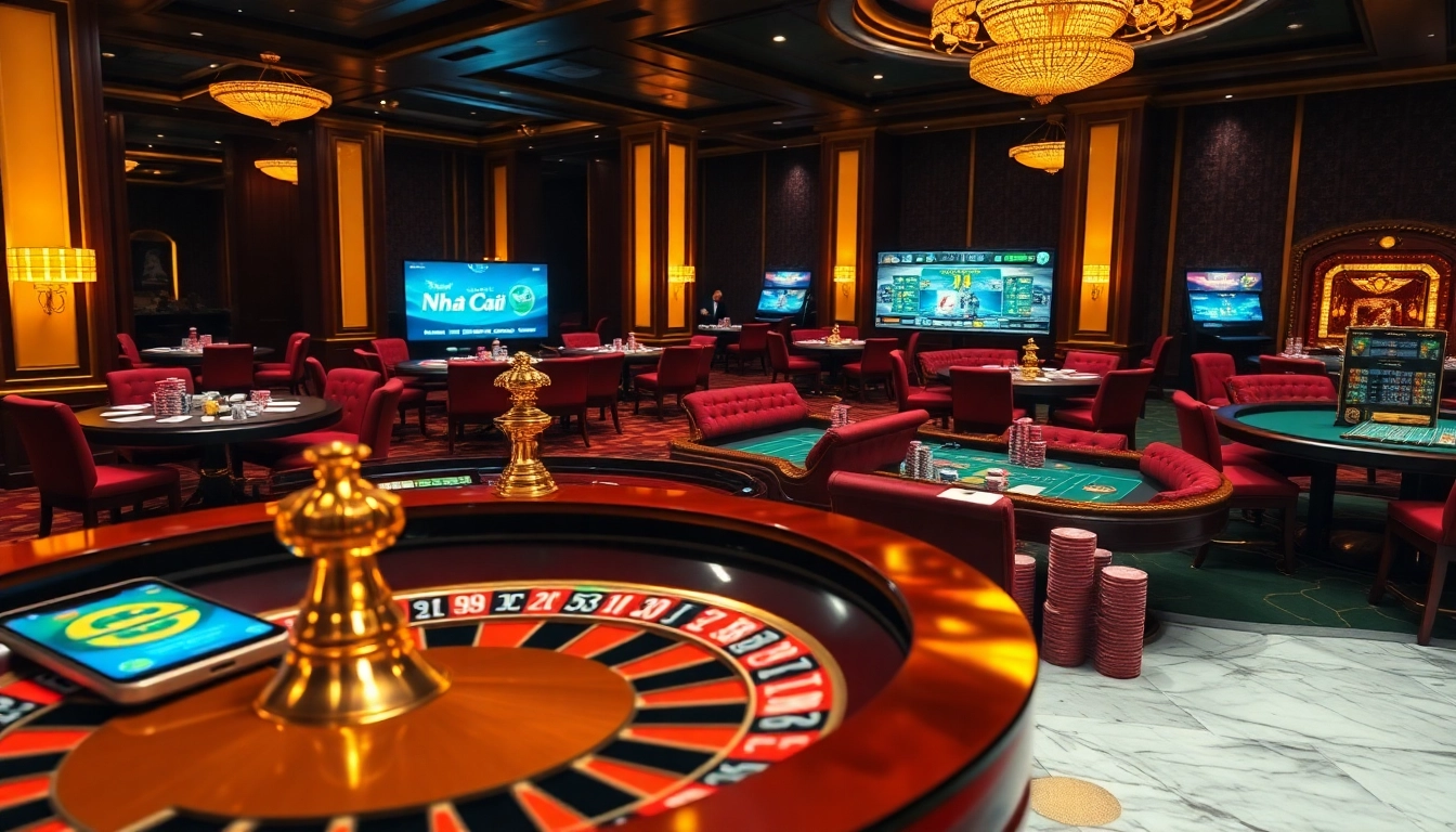 Engage with exciting Nha Cai F168 gaming at a luxurious casino, featuring vibrant roulette tables and interactive betting interfaces.