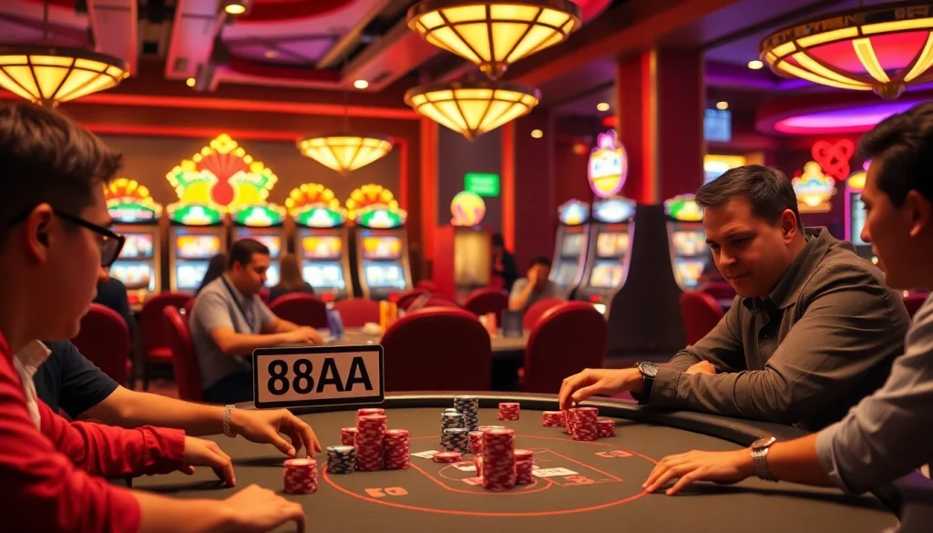 Attractively designed poker scene featuring 88AA players at a bustling casino table, capturing the essence of high-stakes gambling.