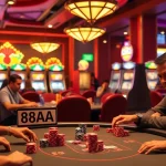 Attractively designed poker scene featuring 88AA players at a bustling casino table, capturing the essence of high-stakes gambling.