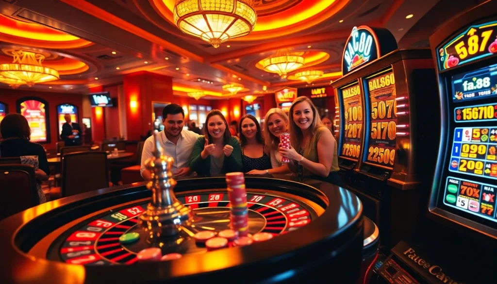 Experience the thrill of gambling at fa88 with a bustling casino atmosphere filled with roulette tables and excited players.