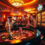 Experience the thrill of gambling at fa88 with a bustling casino atmosphere filled with roulette tables and excited players.