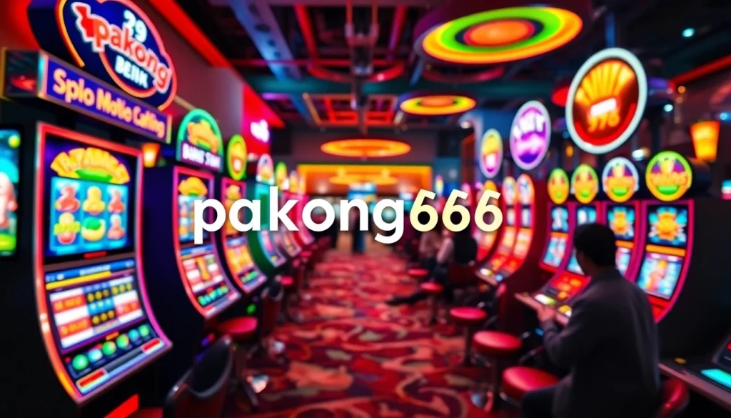 Engaging scene of pakong86 online gaming with vibrant slot machines and enthusiastic players.
