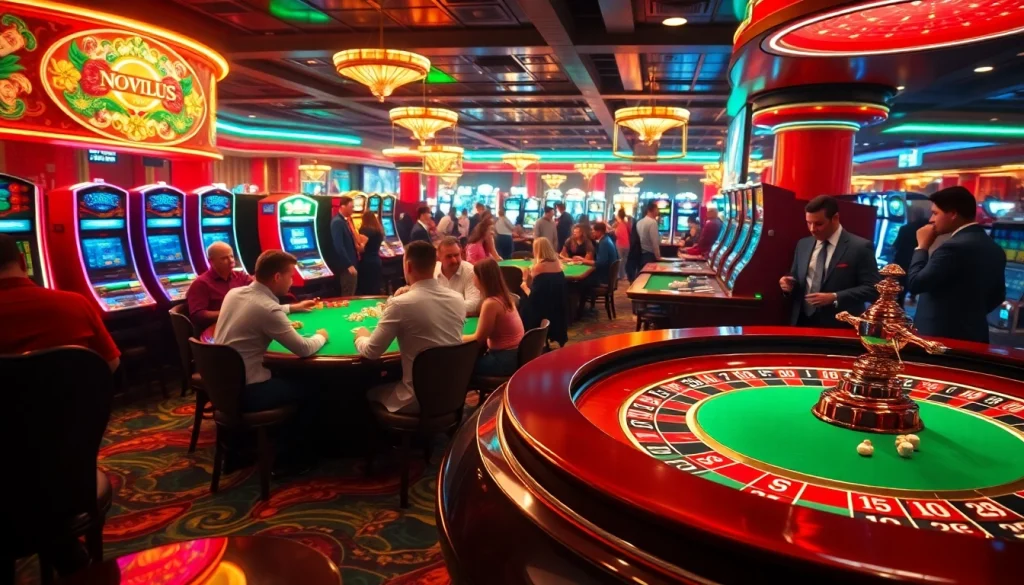 NoHu strategy in a bustling casino, showcasing players at poker and slot machines.