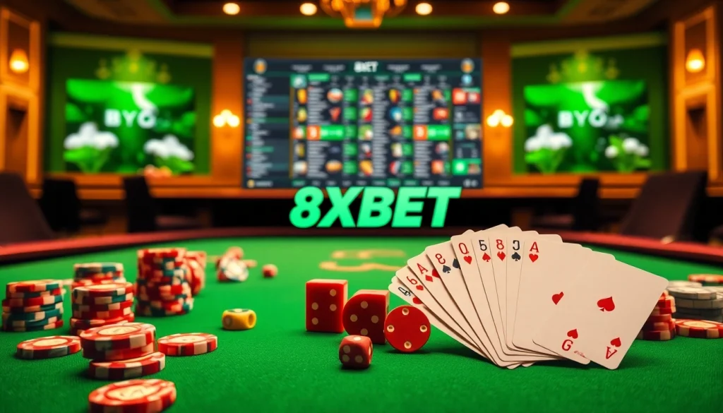 Experience 8XBET’s thrilling online gambling atmosphere with poker chips and vibrant casino tables.