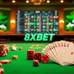 Experience 8XBET’s thrilling online gambling atmosphere with poker chips and vibrant casino tables.