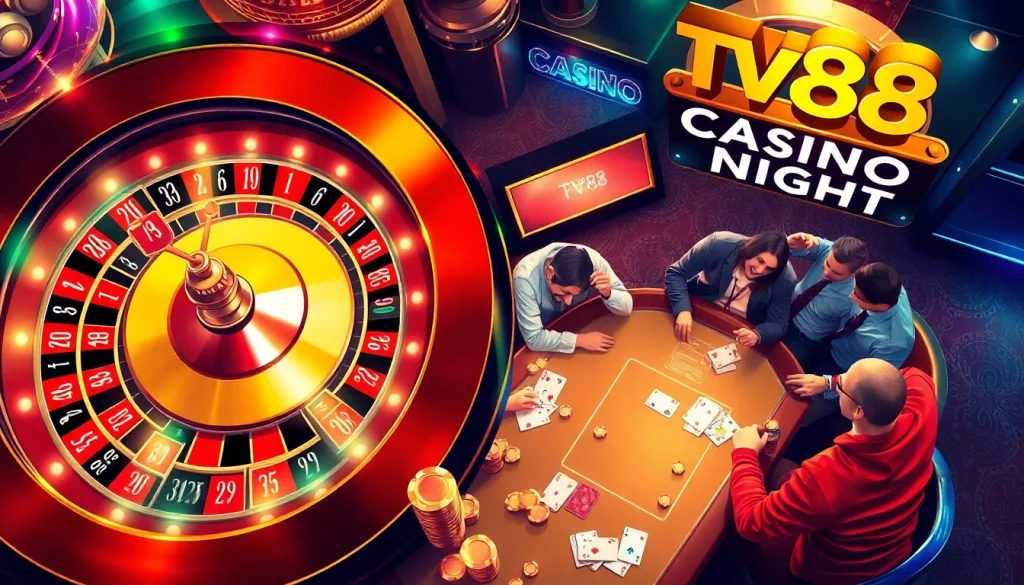 TV88 Casino Night scene with poker players and roulette wheel, showcasing a vibrant atmosphere of gambling excitement.