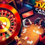 TV88 Casino Night scene with poker players and roulette wheel, showcasing a vibrant atmosphere of gambling excitement.