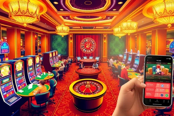Exciting RR88 online casino scene with players at tables and slot machines.