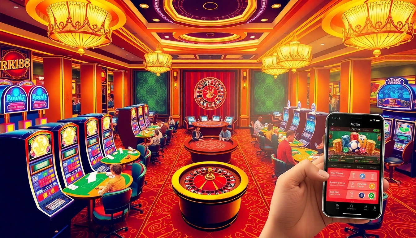 Exciting RR88 online casino scene with players at tables and slot machines.