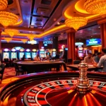 Experience the thrill of aa888 at a lively casino, featuring roulette tables, poker chips, and vibrant slot machines.