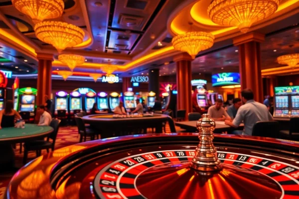 Experience the thrill of aa888 at a lively casino, featuring roulette tables, poker chips, and vibrant slot machines.