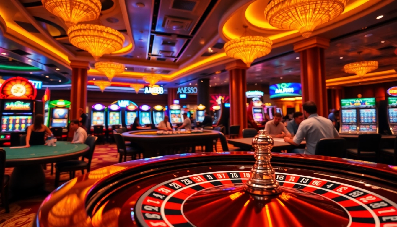 Experience the thrill of aa888 at a lively casino, featuring roulette tables, poker chips, and vibrant slot machines.