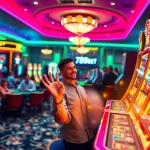 Players celebrating a win at 789BET casino with vibrant slot machines and blackjack tables.