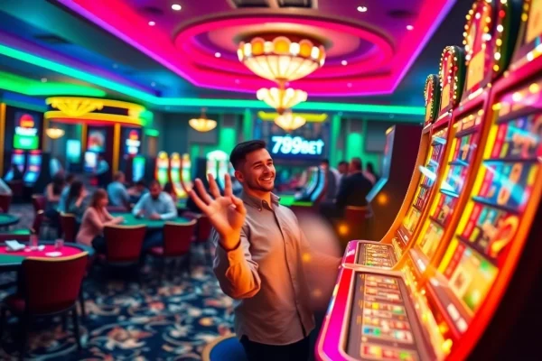 Players celebrating a win at 789BET casino with vibrant slot machines and blackjack tables.