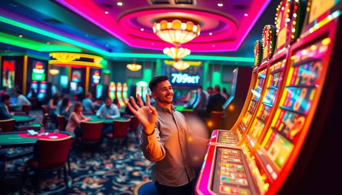 Players celebrating a win at 789BET casino with vibrant slot machines and blackjack tables.
