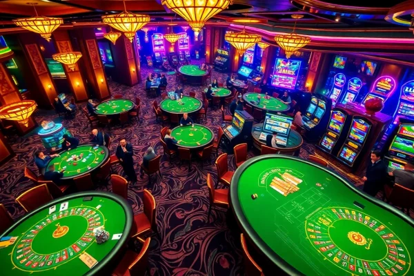 Experience the thrill of winning at the e28 casino tables filled with excited players and vibrant slot machines.
