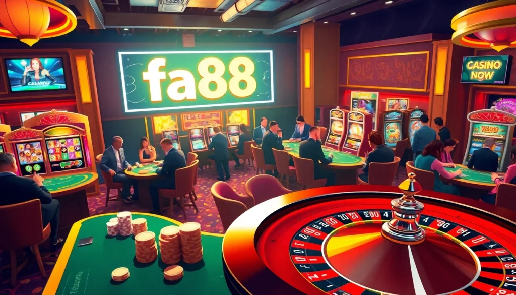 Players enjoying the excitement of casino games at fa88, showcasing poker and blackjack tables filled with action.