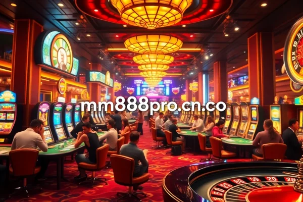 Dynamic casino scene showing players at tables and flashy slot machines, featuring mm88pro.cn.com for an exhilarating experience.
