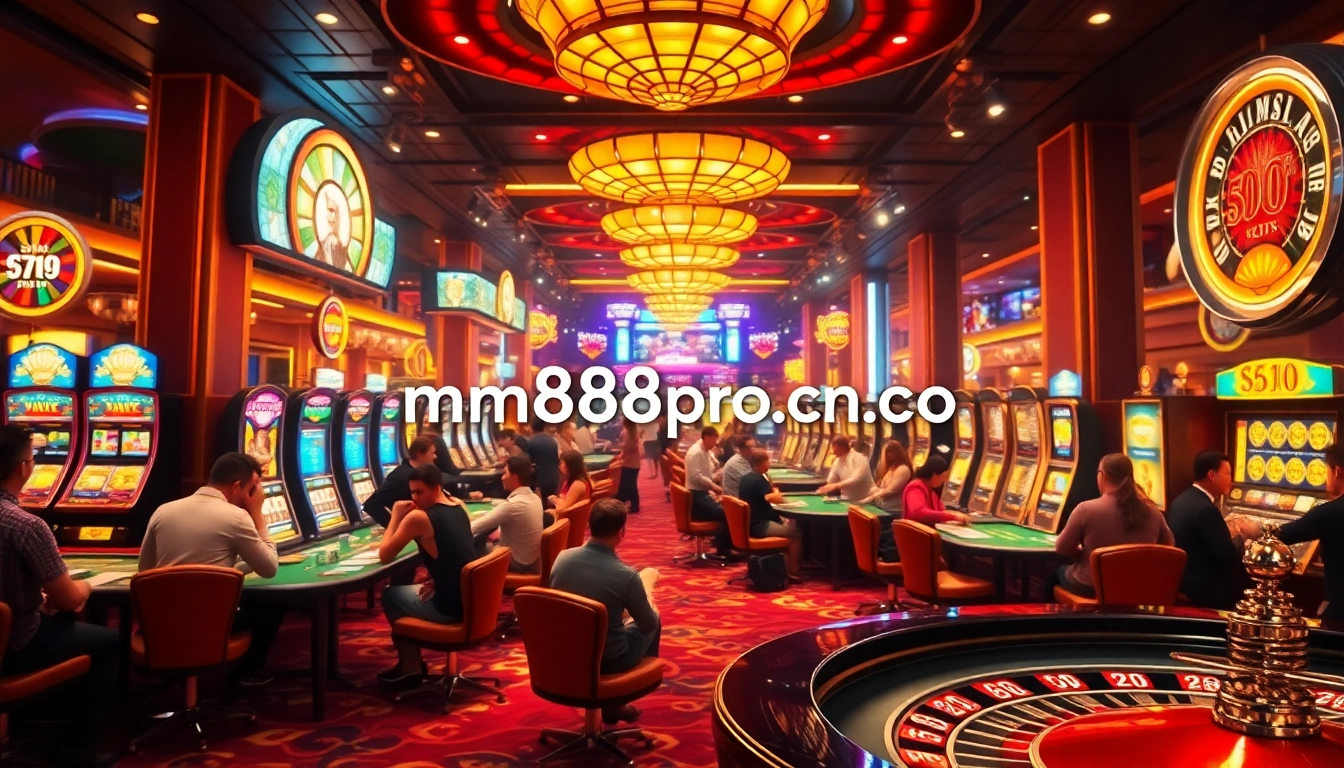 Dynamic casino scene showing players at tables and flashy slot machines, featuring mm88pro.cn.com for an exhilarating experience.