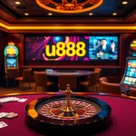 Experience the thrill of u888 with live dealers, poker chips, and glowing slot machines in a virtual casino setting.