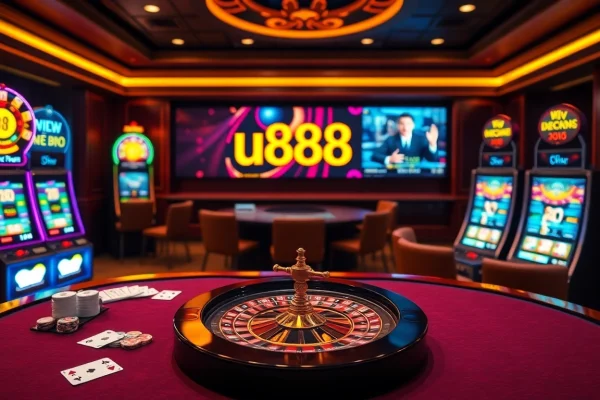 Experience the thrill of u888 with live dealers, poker chips, and glowing slot machines in a virtual casino setting.