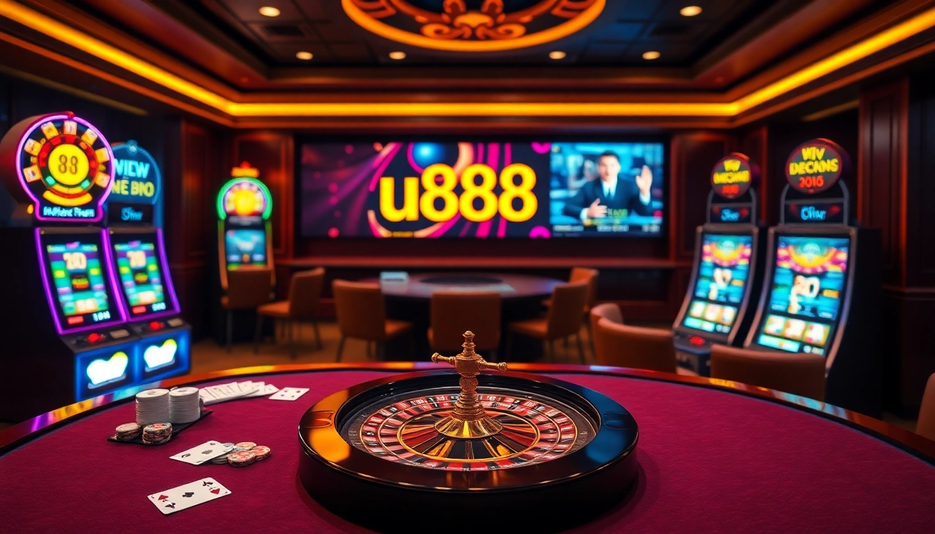 Experience the thrill of u888 with live dealers, poker chips, and glowing slot machines in a virtual casino setting.