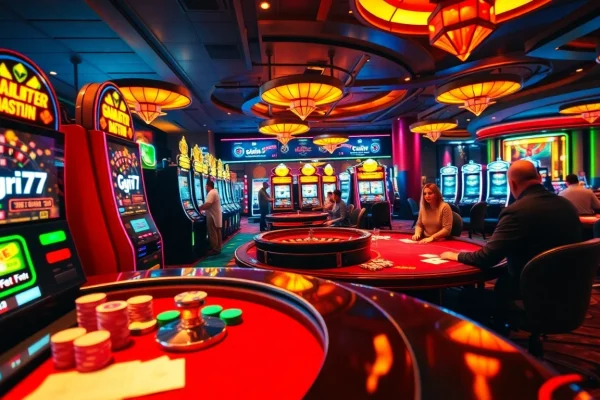Gori77 vibrant casino scene with players at the poker table and slot machines.