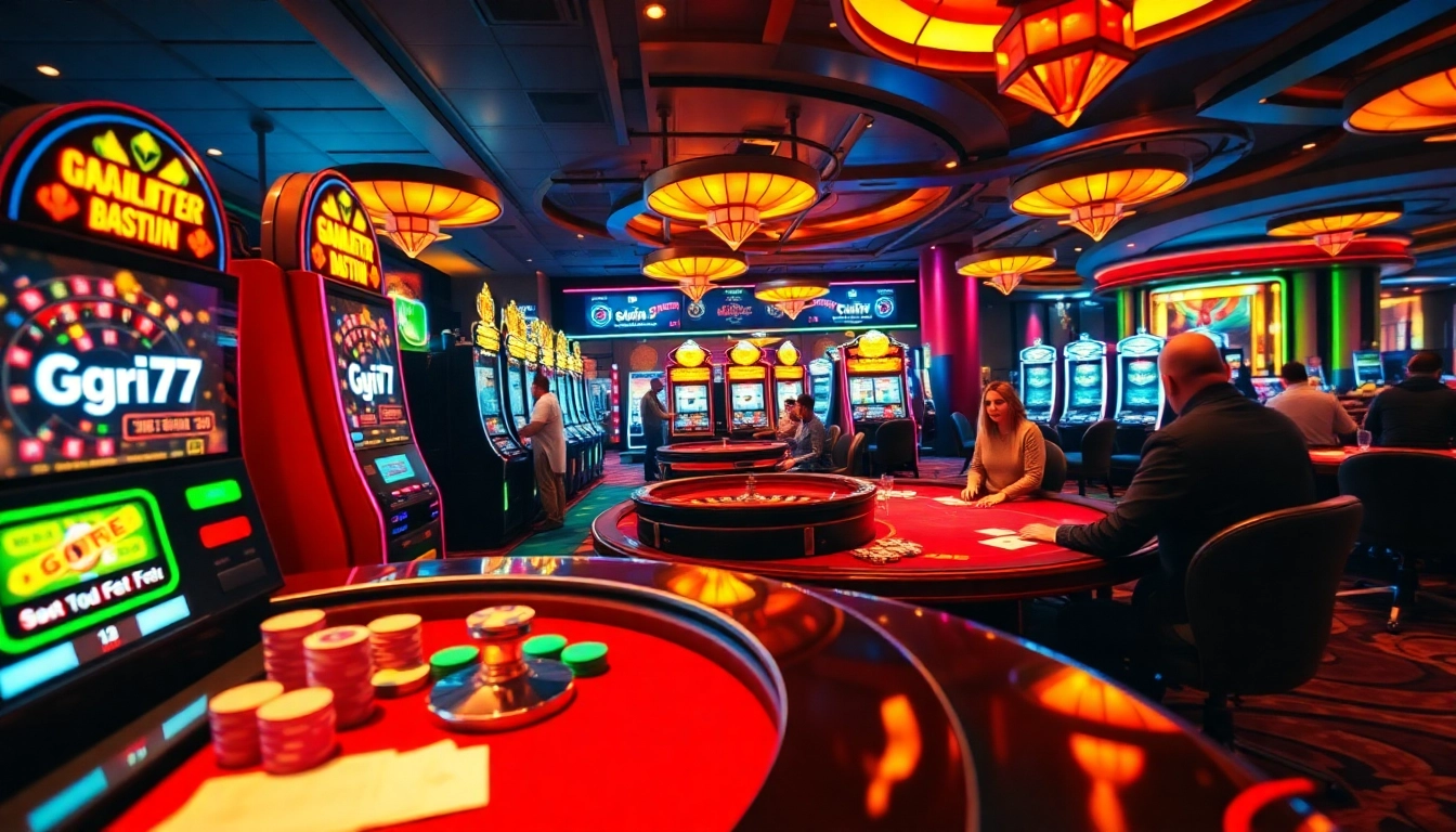 Gori77 vibrant casino scene with players at the poker table and slot machines.