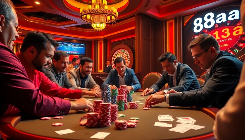 Players enjoy a thrilling poker game featuring '88aa' chips and intense focus in a vibrant casino atmosphere.