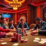 Players enjoy a thrilling poker game featuring '88aa' chips and intense focus in a vibrant casino atmosphere.