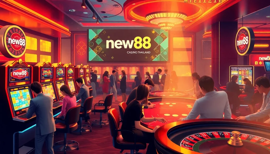 Experience the excitement at new88 thailand with vibrant casino tables, slot machines, and enthusiastic players!