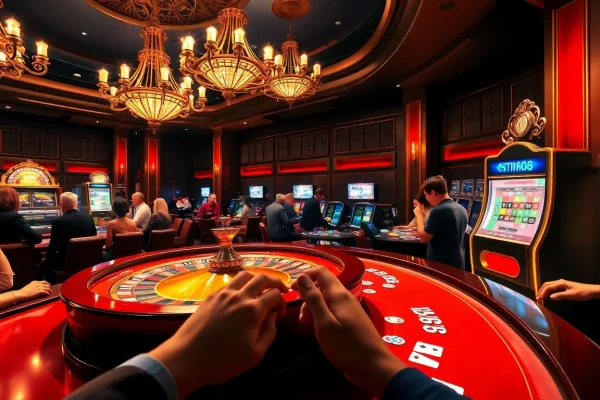 Experience the thrill of betting at https://98win68.city/ with players placing bets at a lavish casino roulette table.