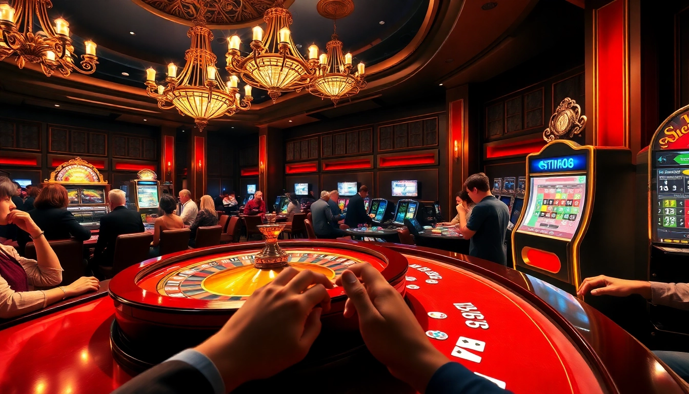 Experience the thrill of betting at https://98win68.city/ with players placing bets at a lavish casino roulette table.