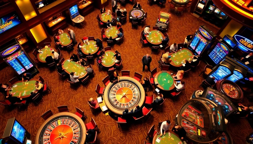 Experience the excitement of the 789f best casino atmosphere with players engaged at poker tables and vibrant slot machines.