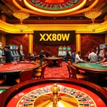 XX88 HOW showcasing an exciting casino atmosphere with players at roulette and blackjack tables, vibrant slot machines, and colorful poker chips.