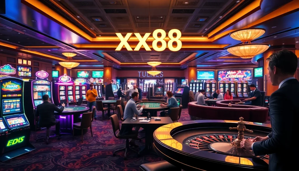 Experience the excitement of casino gaming with XX88, featuring lively poker tables, vibrant slot machines, and thrilling roulette wheels.