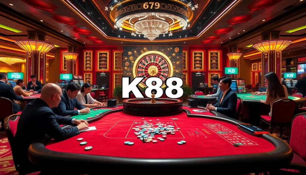 K88 Casino scene showcasing players celebrating wins at poker tables.