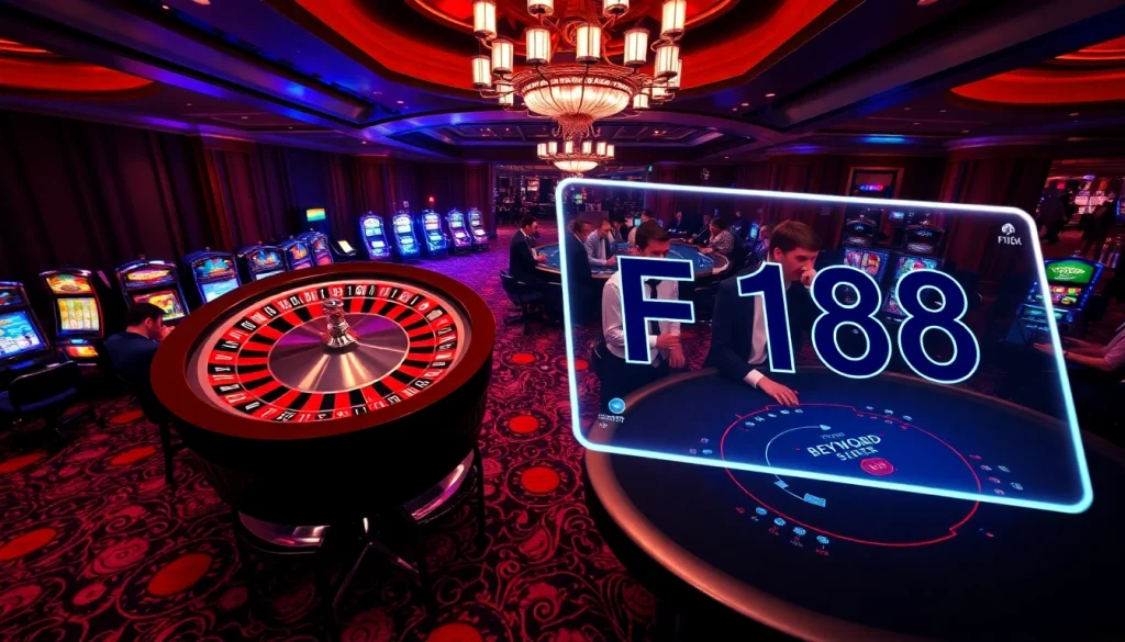 Experience the excitement of F168 at a vibrant casino with tables, chips, and roulette wheels.