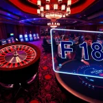 Experience the excitement of F168 at a vibrant casino with tables, chips, and roulette wheels.