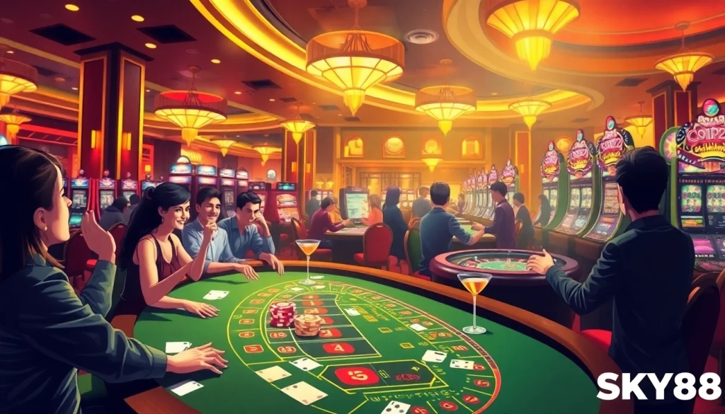 SKY88 lights up the casino floor with players engaged in thrilling card games and vibrant slot machines.