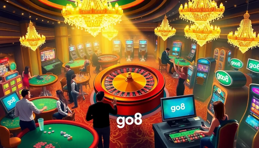 Experience the excitement of go8 gaming with players at a vibrant casino, showcasing roulette wheels and slot machines.
