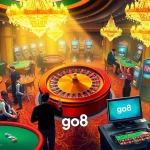 Experience the excitement of go8 gaming with players at a vibrant casino, showcasing roulette wheels and slot machines.