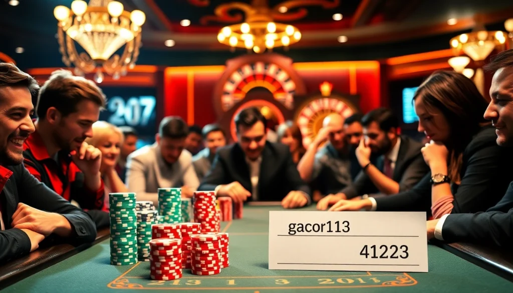 Engage with gacor123 at an intense poker game featuring enthusiastic players and vibrant chips.