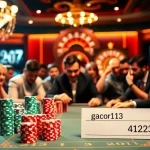 Engage with gacor123 at an intense poker game featuring enthusiastic players and vibrant chips.